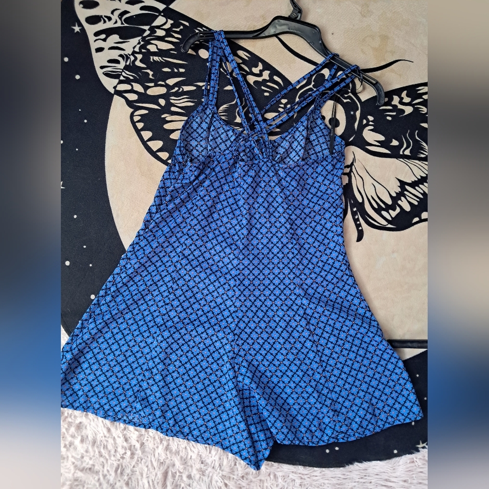 Blue Strappy Romper Side Zipper, Soft! Geometrical Polka Dot Design! So Cute - Picture 5 of 9